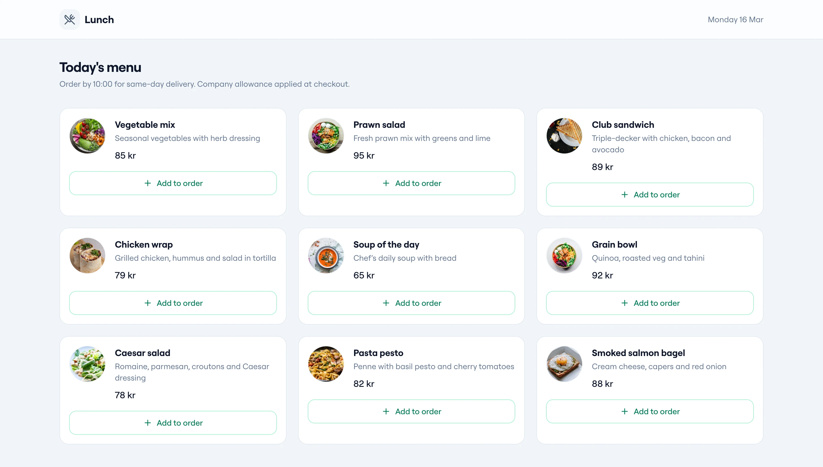 Corporate Catering customer app — Today's menu